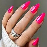 GLAMERMAID Hot Pink Press on Nails Medium Almond, Rose Red Handmade Jelly Soft Gel Pure Glue on Nails Stiletto, Summer Spring Fake Nails Short Oval, Reusable Acrylic Stick on False Nails Kit for Women