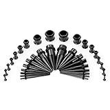 CABBE KALLO 36pcs Ear Stretching Kit Stainless Steel 14G-00G Tapers Gauges Set Plugs Tunnels Expanders - Rainbow, Goldtone, Black, Rose Goldtone, Blue, Silvertone - Body Piercing Jewelry for Women Men - Stainless Steel Ear Gauges Stretching Kit & Piercing Set,Black