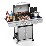 3-Burner Propane Gas Grill with Side Burner,Stainless Steel BBQ Grill with Porcelain-Enameled Cast Iron Grates,37000 BTU Barbecue Grill, Suitable for Patio,Camping,Outdoor Cooking