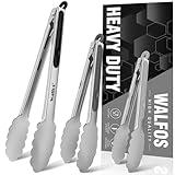 Walfos Stainless Steel Kitchen Tongs for Cooking- 7 ，9 and 12 Inch, Food Grade Metal Tongs for Cooking, BBQ, Set of 3 Heavy Duty Locking Cooking Tongs Non-Slip Grip