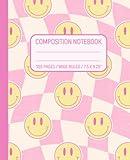 Composition Notebook Wide Ruled: Pink Checkered Happy Face Y2K Aesthetic Journal For Classroom or Office | Preppy School Supplies For Teen Girls