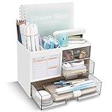 QIYVLOS Desk Organizer with 3 Drawer, Multi-Functional Pencil Pen Holder for Desk, Desk Organizers and Storage with 8 Compartments, Desktop Organizer for Office Home Art Supplies (White)