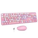 UBOTIE Colorful Computer Wireless Keyboard Mice Combo, Retro Typewriter Flexible Keys Office Full-Sized Keyboard, 2.4GHz Dropout-Free Connection and Optical Mouse (Pink-Colorful)