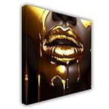 ZHOUWALLPIC Golden Face Canvas Wall Art Gold American Woman Paintings Gold and Black Lady Picture Prints Living Room Decor Framed(Lips-3,18.00" x 18.00")