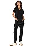 floralhue Scrubs for Women, V-Neck Scrubs Top & Cargo Pants, Scrubs Set with 10 Pockets, Yoga Waistband, 4 Way Stretch, Black, M