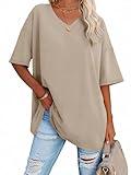 ATHMILE Womens Oversized T Shirts V Neck Tees Half Sleeve Cozy Comfy Tunic 2025 Y2K Tops Casual Khaki