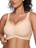 OEAK Womens Wireless Bras V Mesh Comfortable Bralette Supportive Tshirt Bra No Underwire Seamless Push Up Everyday Bras Nude L