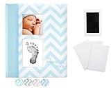 Pearhead Baby Memory Book, First 5 Years Baby Milestone Book, Pregnancy Journal, Holiday Gift, Gender Neutral Newborn Keepsake, With Clean-Touch Ink Pad For Baby's Handprint or Footprint, Blue Chevron