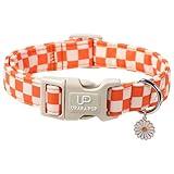 UP URARA PUP Gingham Fall Dog Collar – Adjustable Orange Picnic Checkered Dog Collar with Daisy Pendant, Classic Autumn Dogs Collars for Girl Boy Dogs