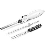 Reemix Electric Knife, Z3042 Electric Knife Set for Carving Meats, Poultry, Bread, Crafting Foam & More, 2 Blades for Meats & Bread, Fork Included (White)