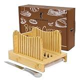 Mosomboo Bamboo Bread Slicer for Homemade Bread with Serrated Knife & Crumb Tray - Foldable Compact Bread Cutting Guide, Adjustable Bread Slicer, Bamboo Bread Cutter for Homemade Bread, Cakes, Bagels