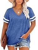 Gloria&Sarah Womens Plus Size Tops V Neck T Shirt Color Block Short Sleeve Summer Casual Tunic Tops,Blue,L