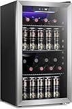 Antarctic Star 26 Bottle 130 Can Wine Cooler/Cabinet Beverage Refrigerator Mini Wine Cellar Beer Soda Clear Glass Door Bar Fridge Quiet Compressor Adjust Temp Freestanding Indoor Use 3.2cu.ft Black