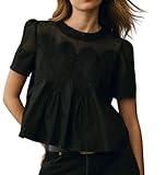 VAOYIU Women Lace-Detail Flared Blouse Short-Sleeve Crew Neck Lace Poplin Mesh Swing Top Casual and Elegant Loose with Intricate Back Design(Black-L)