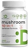 Organic 10-in-1 Mushroom Supplement 8,000mg Per Serving, 240 Capsules – Lions Mane, Turkey Tail, Reishi, Cordyceps & More Mushroom Complex – Immune, Energy & Nootropic Brain Support – Non-GMO