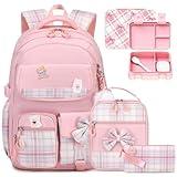 ACESAK Backpack for Girls - Bento Box with Insulated Lunch Bag Pencil Case & Utensils Set for Kids, 4 Leakproof Compartments Removable Tray Lunches or Snack Container for School (Pink)