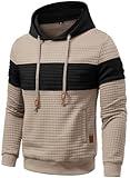 Qichic Men's Hoodies Pullover Plaid Jacquard Long Sleeve Drawstring Hipster Casual Hooded Sweatshirts with Kanga Pockets khaki S