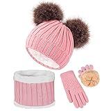 Kids Hat Scarf Gloves Set Girls Winter Warm Knit Beanie Soft Thick Fleece Lining Cap with Cute Double Fur Pom Pom Pink Toddler Children Baby Cold Weather Snow Accessories Crochet 6-10 Years