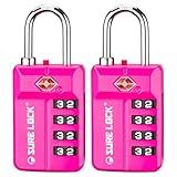 SURE LOCK TSA Approved 4-Digit Resettable Combination Luggage Locks with Open Alert, Easy-Read Dials - for Luggage, School Lockers, Gym, Office, Toolbox & Security Cases (Pink 2 Pack)