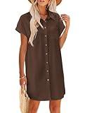 Zeagoo Brown Cotton Linen Dress, Women's V-Neck A-Line Mini Dress, Medium, Adult, Teenage Girls and Young Women
