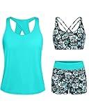 Tempt Me Aqua Blue Floral 3 Piece Tankini Swimsuits for Women Athletic Bathing Suits Swim Tank Top with Boy Shorts and Bra Modest Swimwear L