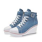 Mei MACLEOD Wedge Heel Sneaker for Women High Heel Sneaker Side Zipper/Lace Up Canvas Shoes for Ladies College Students Blue