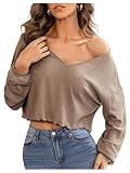 SweatyRocks Women's Long Sleeve Tee Shirt V Neck Ribbed Knit Lettuce Trim Crop Top Mocha Brown S