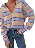EVALESS Womens Sweaters Lapel V Neck Trendy Long Sleeve Tops Fashion Color Block Striped Henley Shirts Winter 2025 Oversized Fall Tunic Spring Clothes XL Apricot