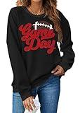 PICKID Football Game Day Sweatshirt for Women Game Day Chenille Patch Shirts Football Graphic Long Sleeve Tops Black