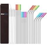 StrawExpert Set of 16 Reusable Stainless Steel Straws with Travel Case Cleaning Brush Silicone Tips Eco Friendly Extra Long Metal Straws Drinking for 20 24 30 oz Tumbler