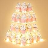 4 Tier Cupcake Stand with LED String Light, Acrylic Cupcake Display Stand, Square Cupcake Tower Holder, Cup Cake Stand for Birthday, Wedding, Baby Shower, Party