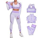 Veriliss Women's 3pcs Seamless Outfits Workout Sets,Gym Clothes Yoga Sportswear Leggings and Stretch Sports Bra Gym jumpsuits Clothes Set(Purple,S)