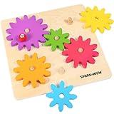 SPARK & WOW Spinny Gears - Wooden Gear Board with 6 Pieces in 3 Sizes - Gear Puzzle for Kids - Create Colorful, Spinning Combinations