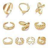 MOROYA 10PCS Gold Dome Chunky Rings for Women 18K Gold Plated Braided Twisted Round Signet Rings Adjustable Open Ring Band Statement Jewelry Size 7-9