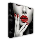 ZHOUWALLPIC Sexy Lips Canvas Wall Art Fashion Red Nails Lady Paintings Black and White Woman Picture Prints Bedroom Decor Framed(Lips-2,24.00" x 24.00")