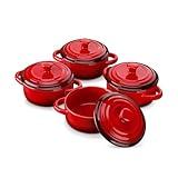 LOVECASA Mini Cocotte Set,12 OZ Small Casserole Dishes with Lids, Soup Bowls With Handles,Individual Baking Ramekins,Oven, Microwave & Dishwasher Safe,Set of 4,Red