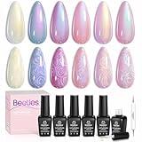 Beetles Pearl Gel Nail Polish, 6 Colors Shimmer Pearl White Pink Purple Mermaid Nail Drawing Gel Polish Soak Off Uv Gel Polish Swirl Shell Thread Effect DIY Manicure Gift for Women
