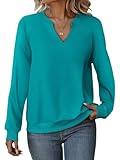 EADINVE Women Casual Long Sleeve V Neck Sweatshirts Cute Loose Fit Lightweight Pullover Tops Turquoise