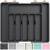 Lifewit Large Silverware Drawer Organizer, Expandable Utensil Tray for Kitchen, BPA Free Flatware and Cutlery Holder, Adjustable Plastic Storage for Spoons Forks Knives, Large, Black