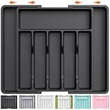 Lifewit Silverware Drawer Organizer, Expandable Utensil Tray for Kitchen, BPA Free Flatware and Cutlery Holder, Adjustable Plastic Storage for Spoons Forks Knives, Large, Black