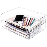 Tomorotec Desk Letter Tray Set, A4 Size Clear PET Stackable Document Organizer Office Desktop File Paper Holder Book Storage Rack Side Load Anti-Skid Stacking Support Convex Bottom (2X Landscape)