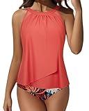 SUUKSESS Women Slimming Tummy Control Tankini Bathing Suits Ruffle High Waisted High Neck 2 Piece Swimsuits(Coral Pink Leaf,XXL)