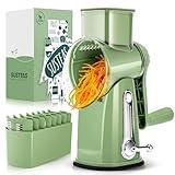 SUSTEAS Rotary Cheese Grater with Handle - Vegetable Shredder with 5 Well-designed Blades & Strong Suction Base,Round Mandoline Slicer & Food Chopper for Kitchen,with Blade Storage Box(Retro Green)