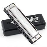 SWAN Blues Harmonica C Key for Kids Adults, 10 Hole Diatonic Harmonica Key of C, Metal Blues Harp for Beginners Students, Mouth Organ in Case, Silver