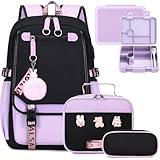 Bevalsa Kids Backpack for Girls with Bento Lunch Box Set, Purple Cute Bookbag Backpack for Girls Kids, 43oz Lunch Containers Lunchbox Bento Box, Lunch Bag & Pencial Case, Back To School Gift