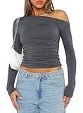 Women's Casual Basic Going Out Crop Tops Slim Fit Long Sleeve Boat Neck Tight T Shirts 9026 Grey Small