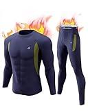 Mens Thermal Underwear Set with Fly, Long Johns for Men Winter Hunting Gear Sport Base Layer Top and Bottom Midweight -Crew Neck-Blue- M