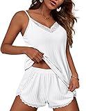 Ekouaer Womens Pajama Sets Soft Lingerie Sleepwear 2 Piece Cami Shorts Set V Neck Pj Lace Nightwear White XX-Large
