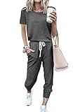 PRETTYGARDEN 2 Piece Outfits for Women 2024 Summer Casual Lounge Jogger Sets Short Sleeve Top and Long Pants with Pockets (Dark Grey, Large)