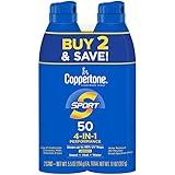 Coppertone Sport Sunscreen Spray SPF 50, Water Resistant Spray Sunscreen, Broad Spectrum SPF 50 Sunscreen, Bulk Sunscreen Pack, 5.5 Oz Bottle, Pack of 2